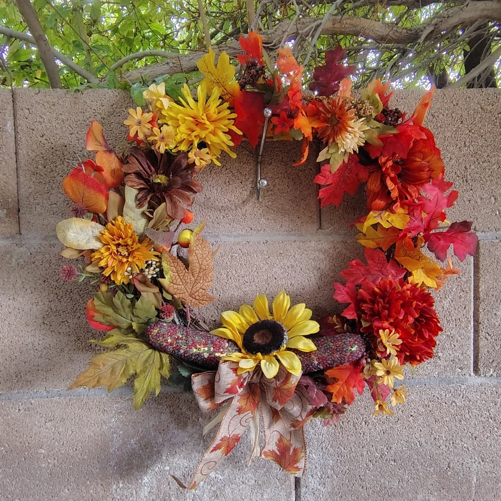Autumn Harvest Wreath with Sunflower Accents